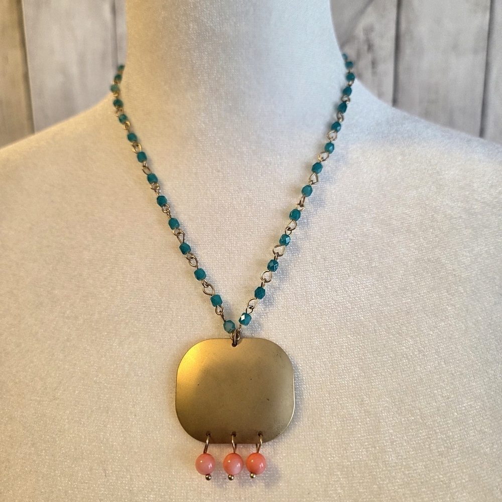 Plunder Gold Pendant "Vada" Necklace with Turquoise Chain and Coral Drops